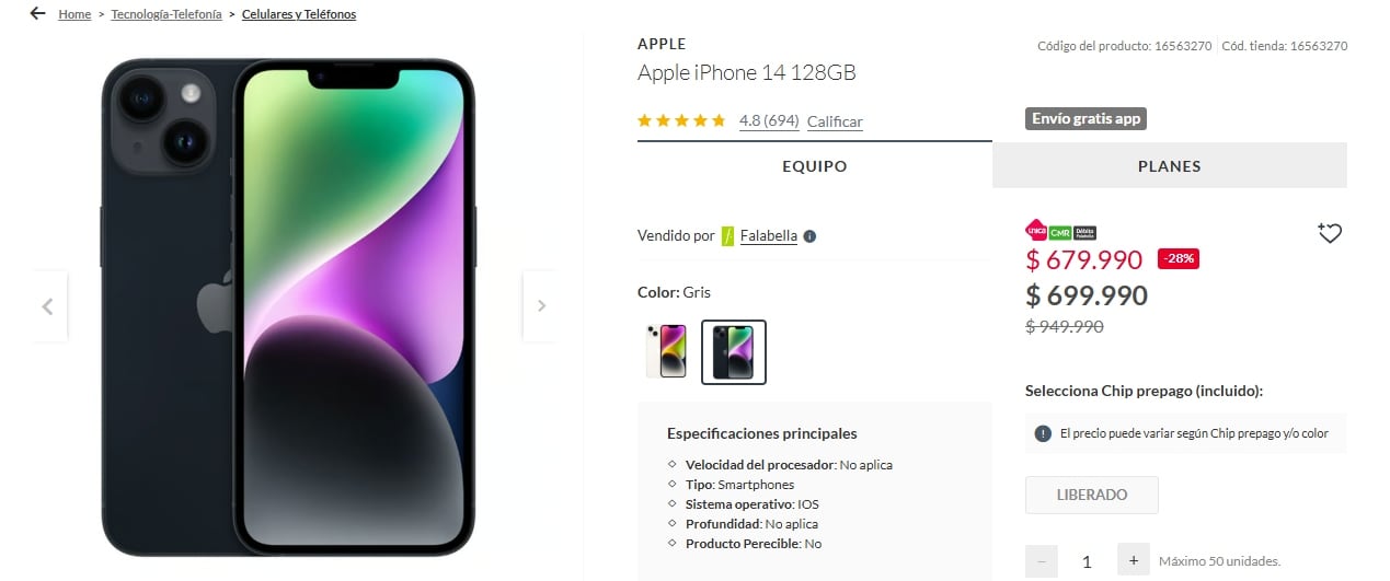 La tienda de Falabella ofrece un Apple iPhone 14 128GB a un precio promocional de $679.990 chilenos.