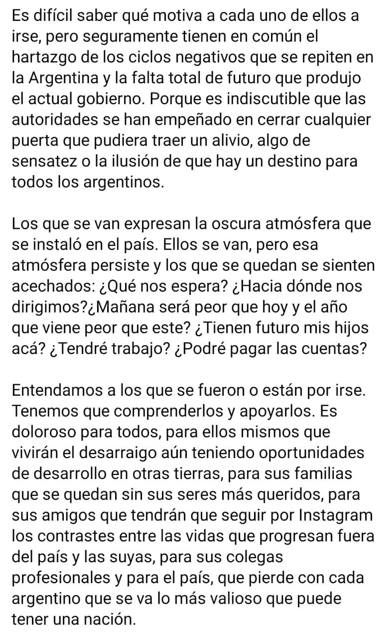 Mauricio Macri escribió una carta en su facebook para todos los argentinos que se van del país.