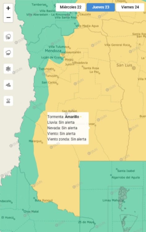 Alerta amarilla por tormentas este 23 de enero en el territorio mendocino.