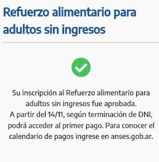 Así aparece en la web de Anses cuando la inscripción al refuerzo alimentario de $45.000 fue aceptada (Captura)