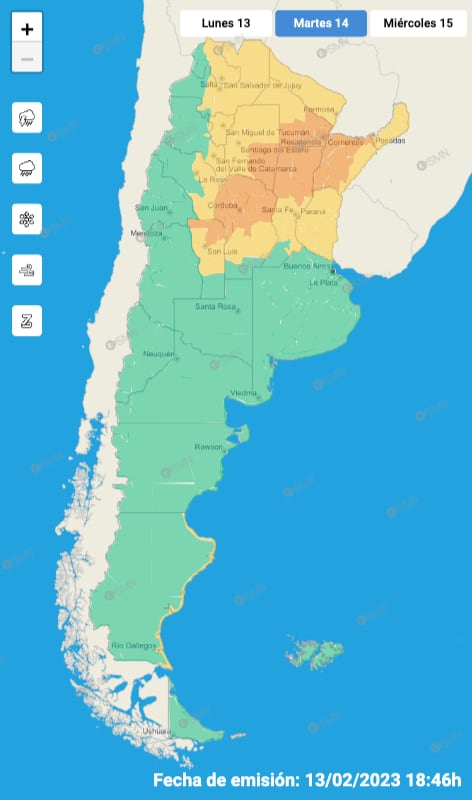 Pronóstico de calor para Mendoza y el país para este martes 14 de febrero. Imagen: Servicio Meteorológico Nacional.