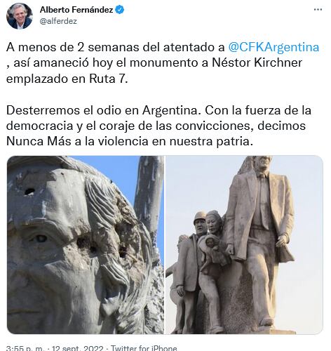 Atacaron una estatua de Néstor Kirchner en Buenos Aires.