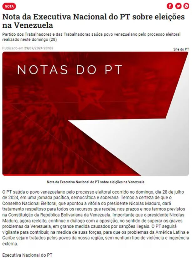 El comunicado del PT sobre las elecciones en Venezuela. Captura: Infobae