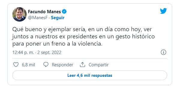 Facundo Manes repudió el ataque a la vicepresidenta y propuso que los ex presidentes se reúnan en un gesto de unión.