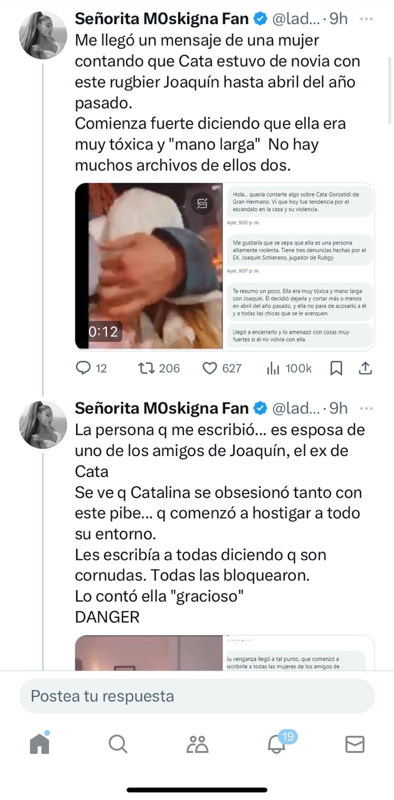 Los mensajes en contra de Catalina en horas decisivas para ella en la casa de Gran Hermano. Captura de pantalla.