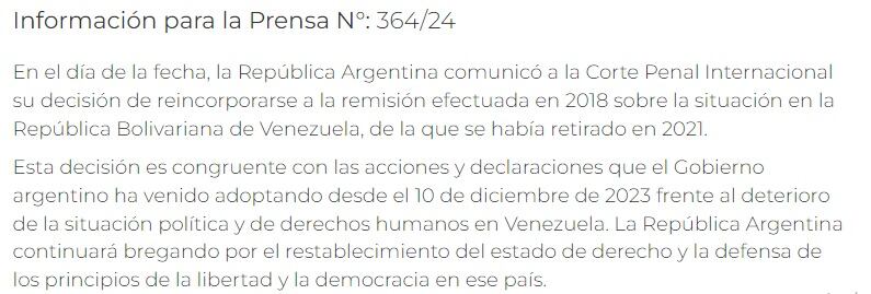 Situación en Venezuela: Argentina vuelve a la Corte Penal Internacional / Cancillería Argentina