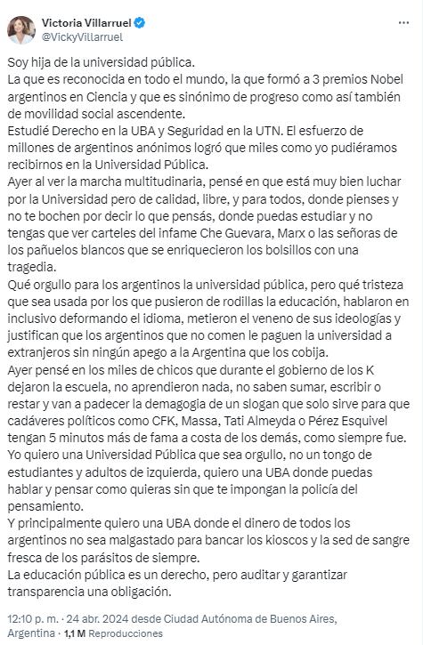 Villarruel elogió a la UBA pero cuestionó la fuerte presencia de militantes en las facultades  - X