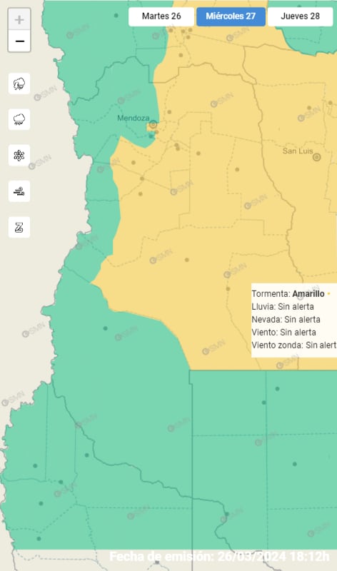 Mapa de alerta amarilla por tormentas del Servicio Meteorológico Nacional para este miércoles 27.