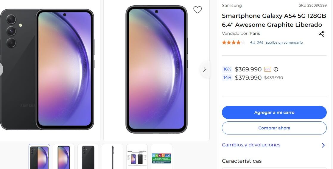 Precio Samsung A54 en París (Chile)