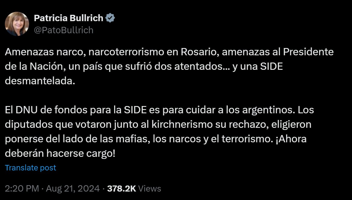 Patricia Bullrich criticó a los diputados del PRO que rechazaron el DNU sobre la SIDE. Captura X