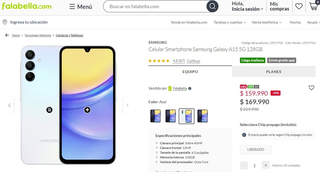 Samsung A15 en Falabella Chile