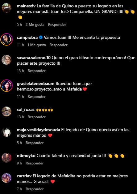 Comentarios de los usuarios que se enteraron de la nueva animación de Mafalda. Captura: Instagram / @campanellajuanjose