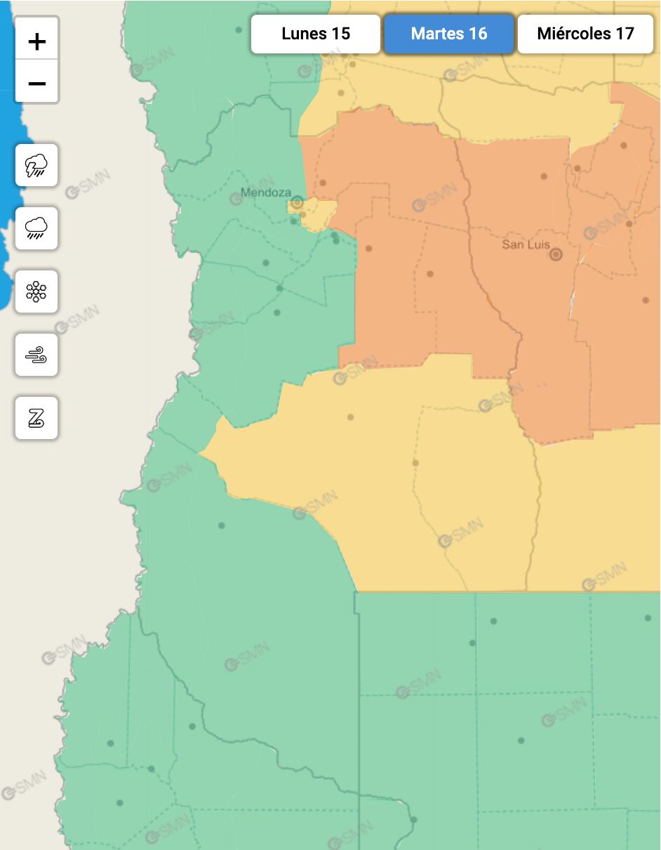 El Servicio Meteorológico anticipa para este martes de 16 de enero una alerta naranja y otra amarilla por tormentas en Mendoza.