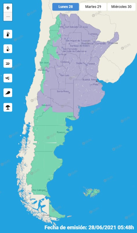 Prácticamente todo el Centro y Norte Argentino están incluidos en la Alerta Violeta.