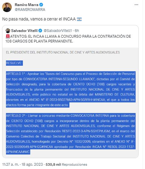 Ramiro Marra adelantó que desde La Libertad Avanza buscan cerrar el INCAA.