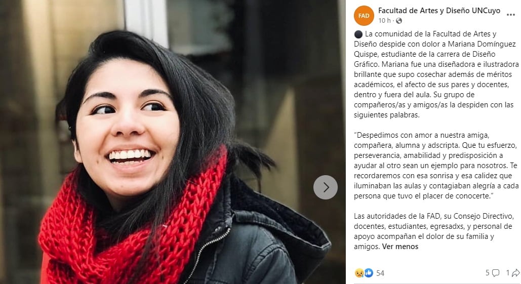 La despedida de la UNCuyo a Mariana Domínguez, la joven de 28 años que murió por una bala perdida en Godoy Cruz. Estudiaba diseño gráfico. (Facebook)