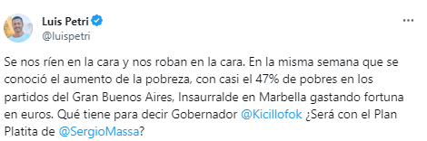 "Insaurralde en Marbella gastando fortuna en euros. Qué tiene para decir Gobernador Kicillof ¿Será con el Plan Platita de Massa?", escribió Petri. Gentileza: X @luispetri