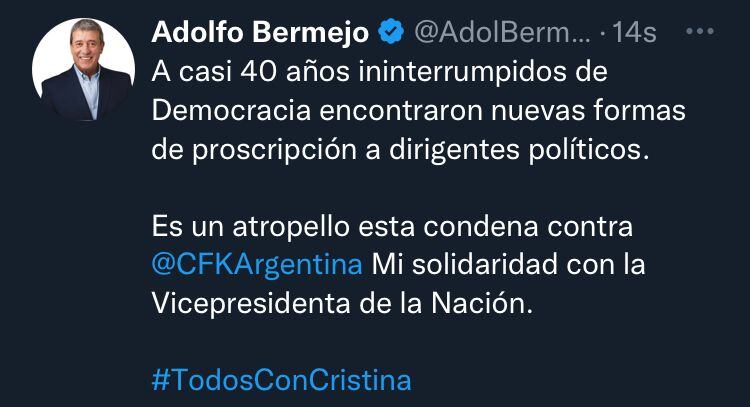 Para el ex intendente maipucino, la condena a la Vicepresidenta es un "atropello".