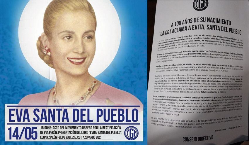 
    El pedido de beatificación de Eva Duarte de Perón realizado por la CGT.
   