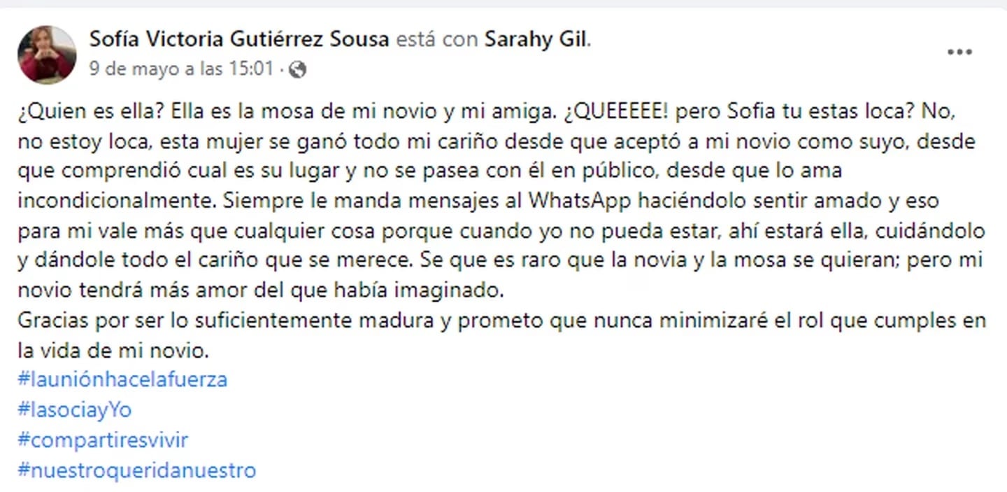 El posteo que realizó en Facebook presentando a su mejor amiga y amante de su novio. Gentileza: TN.