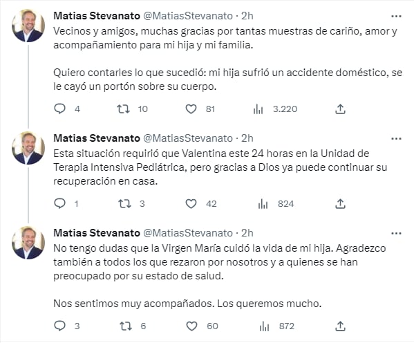 El intendente de Maipú se refirió en las redes sociales al estado de salud de su hija.