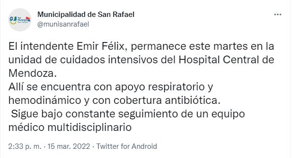 Nuevo parte del intendente Emir Félix, sobre su salud.