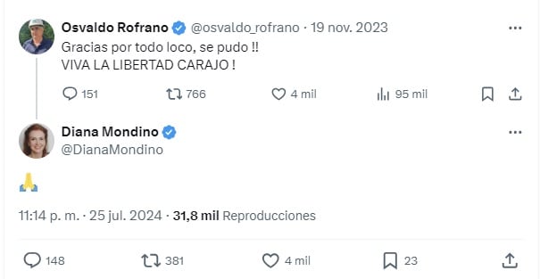 El tuit que publicó Diana Mondino tras conocerse la muerte del empresario Osvaldo Rofrano (X)