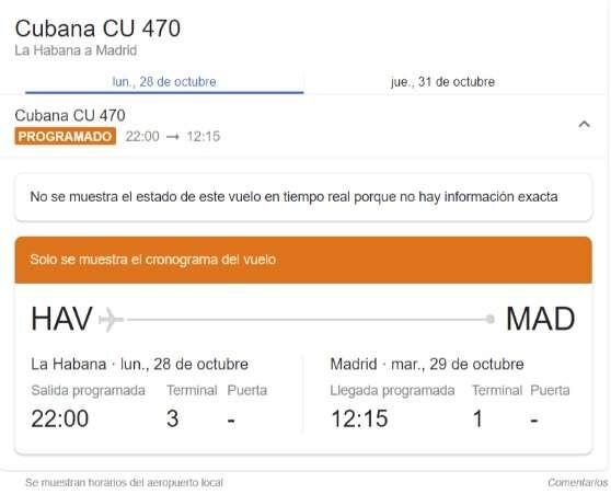 
    El vuelo “CU 470” que aparece en el pasaje viral corresponde al trayecto La Habana-Madrid. 
   