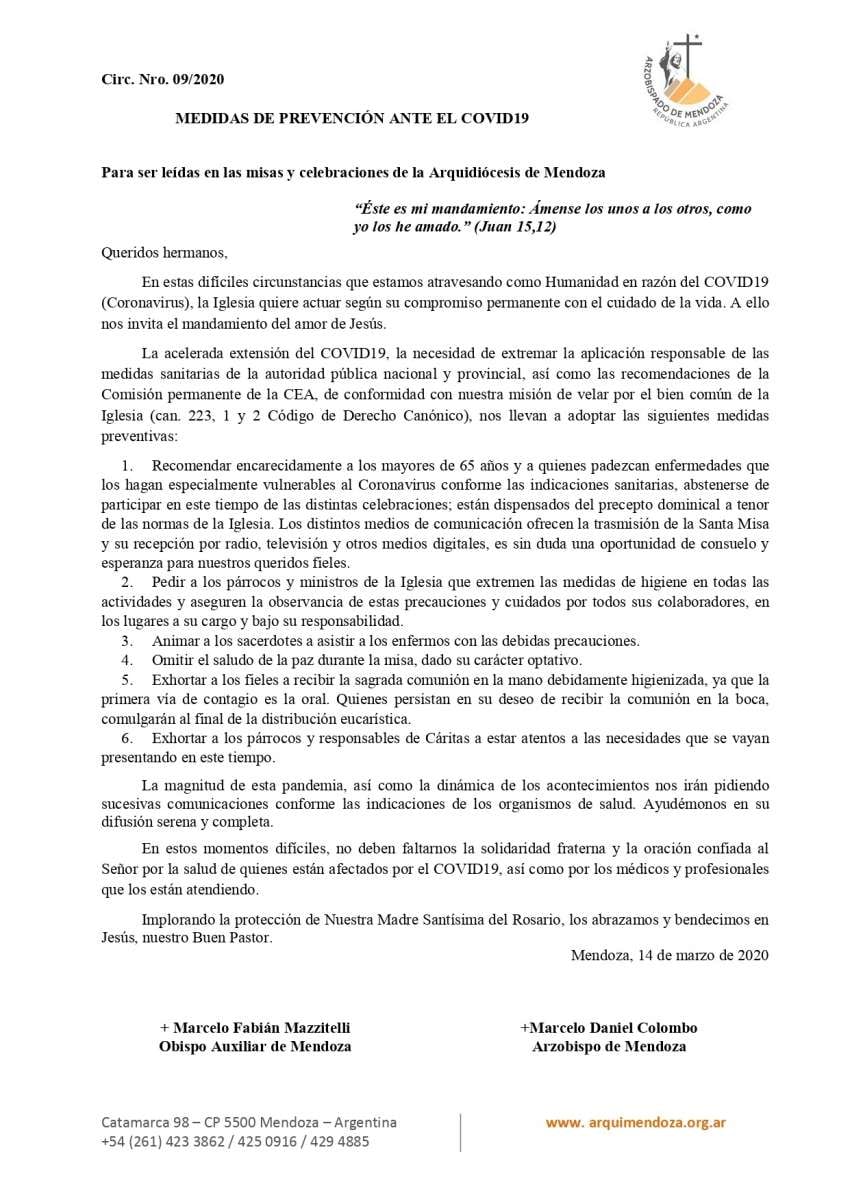 
    El comunicado oficial que lanzó la Iglesia detallando las medidas preventivas que han decidido tomar frente al avance del coronavirus.
   