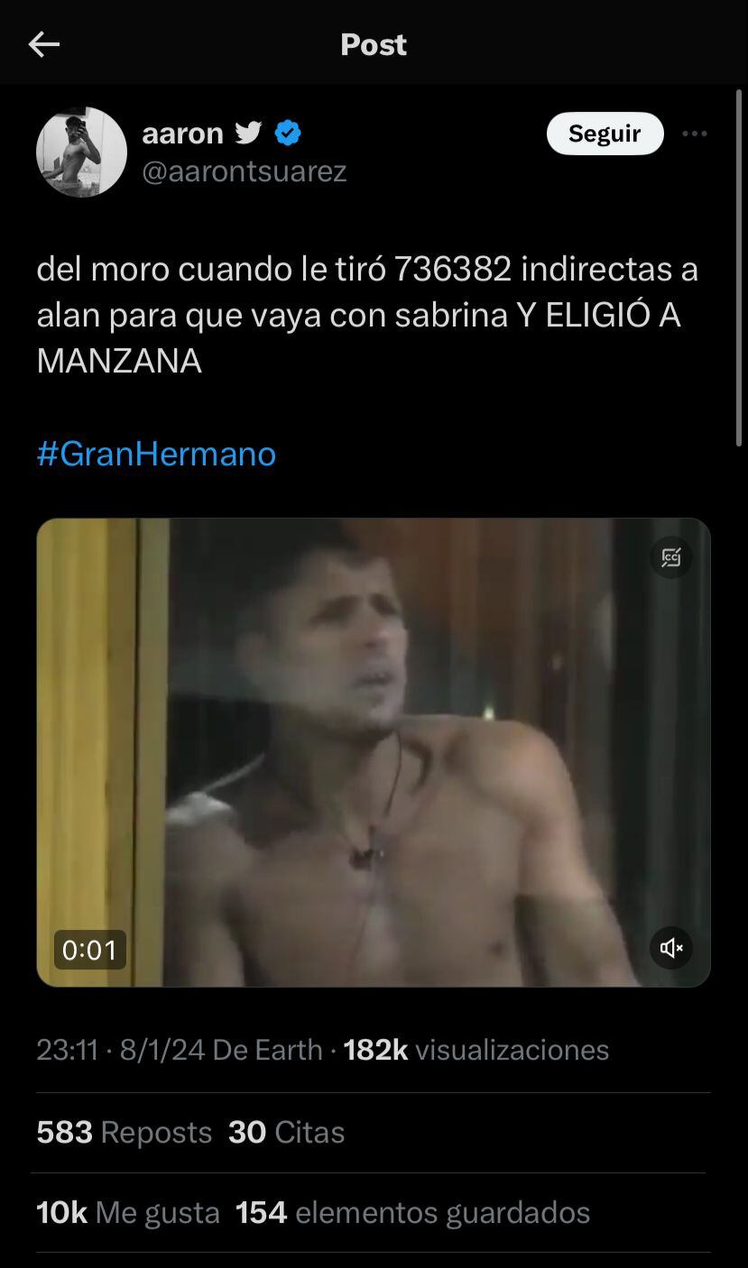 Alan, el blanco de memes por elegir a Manzana para una noche romántica en Gran Hermano. Captura de pantalla.