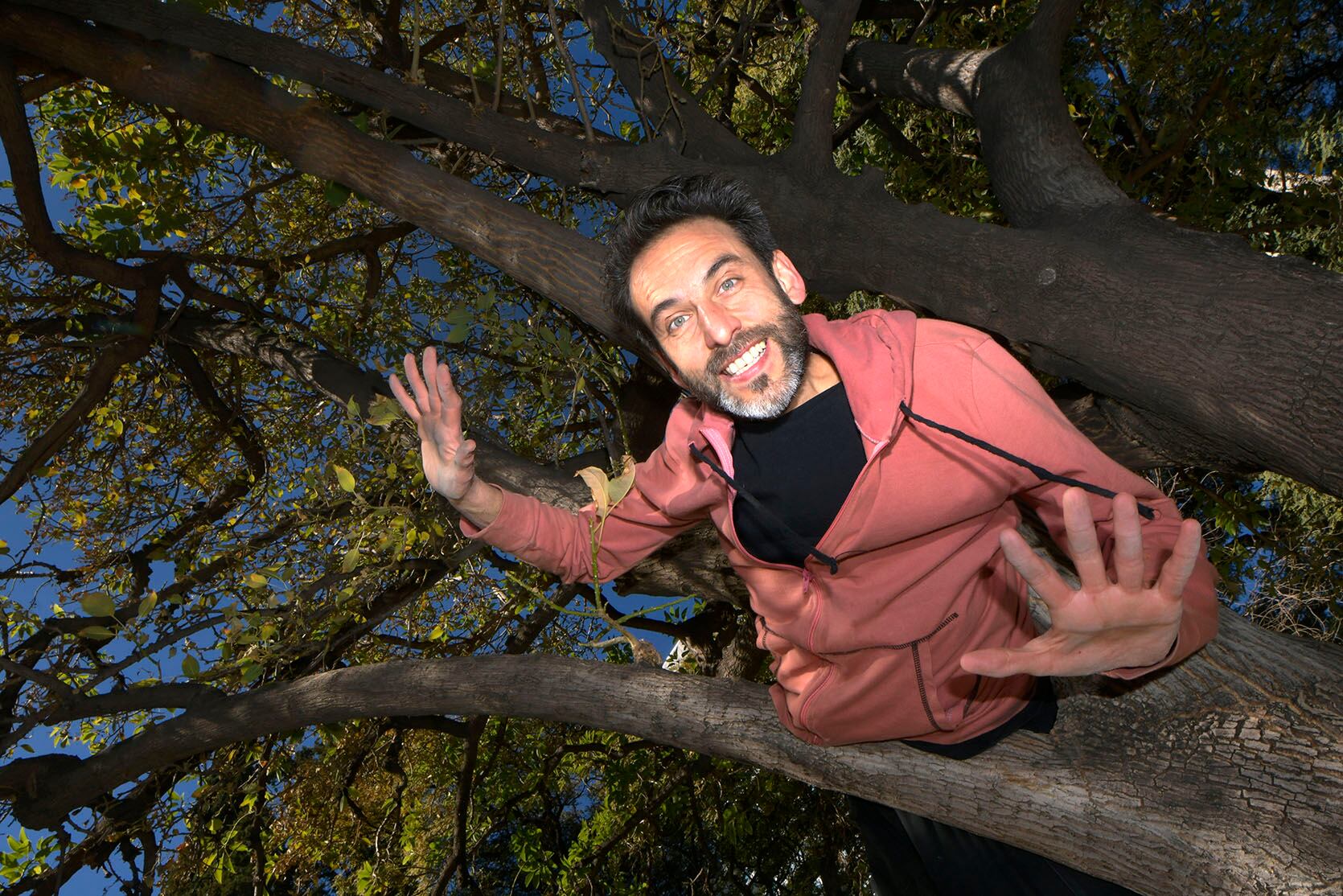 En los árboles de la Plaza Italia el actor aprovecha para jugar y “entrenar”.