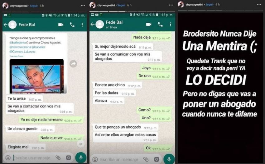 
    Gonzalo "Chyno" Agostini compartió las capturas de un chat que mantuvo con Fede Bal.
   