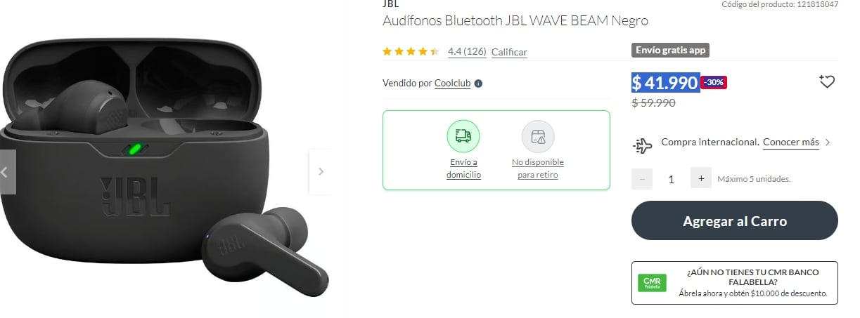 En cuanto a precios, la tienda de Falabella ofrece unos Auriculares Bluetooth JBL WAVE BEAM Negro a un precio promocional de $41.990 chilenos.