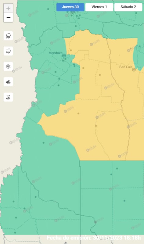 Nueva alerta amarilla por tormentas con granizo en Mendoza para este jueves 30/11/2023. Foto: SMN