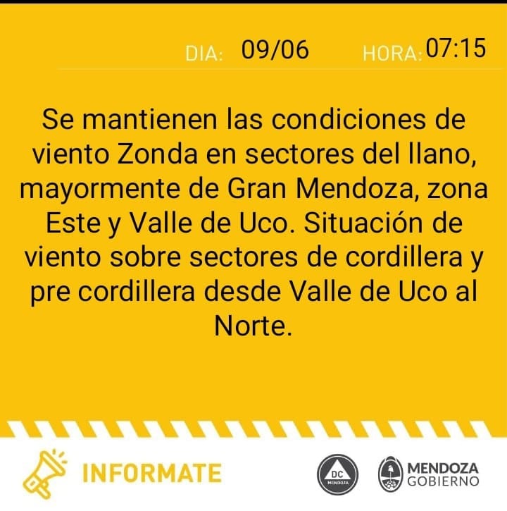 Pronóstico: alerta amarilla de Zonda de Defensa Civil para este viernes