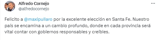 El candidato a gobernador, Alfredo Cornejo, saludó al gobernador electo en Santa Fe, Maximiliano Pullaro.