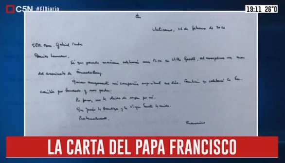 
    El texto de puño y letra del Papa. Foto: gentileza C5N.
   