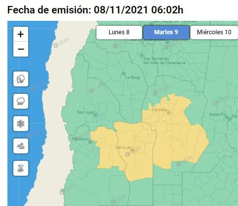 Alerta amarillo de tormentas en el noreste de Mendoza (martes 9) - SMN 