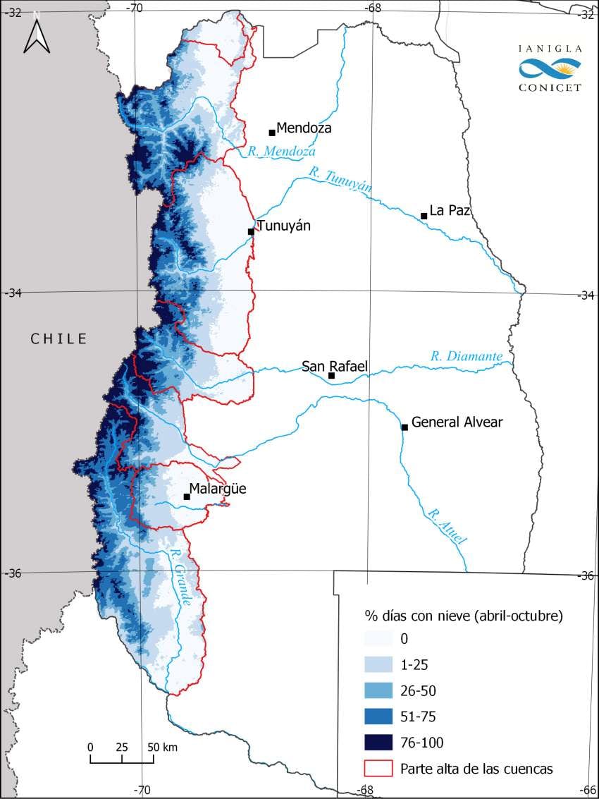 
    Mapa de duración promedio de la cobertura de nieve durante la estación fría (abril a octubre) en la parte alta de las cuencas hídricas de Mendoza, para el periodo 2000-2019. Colores más oscuros indican mayor permanencia de la nieve sobre el terreno. Fuente: Imágenes satelitales diarias provenientes del sensor Modis.
   