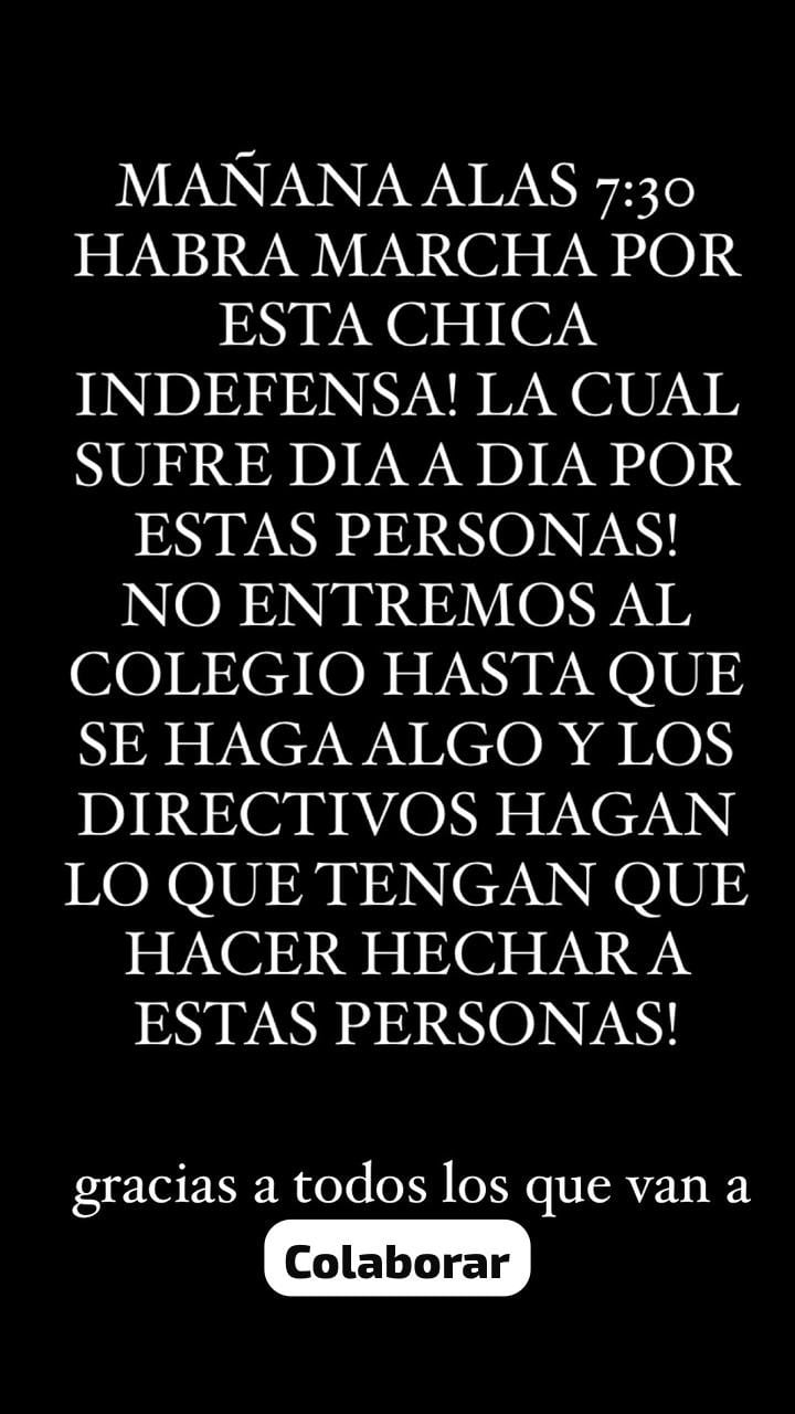 El mensaje que se difundió entre alumnos y padres para congregar la marcha en las puertas del colegio.