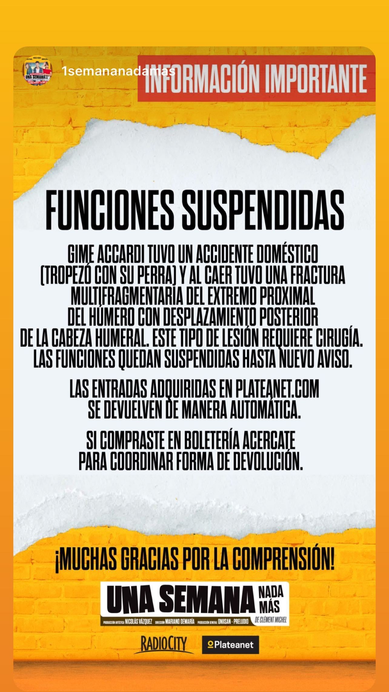 La actriz sufrió la fractura de un hombro y suspenden las funciones de “Una semana nada más”.