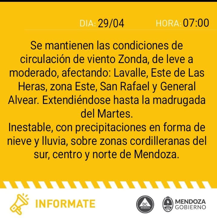 Alerta de Defensa Civil para Mendoza (29/04)