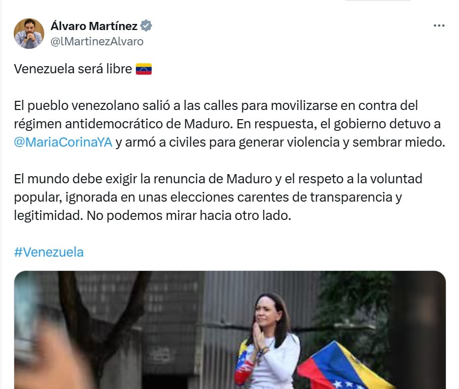 Álvaro Martínez pide la renuncia de Nicolás Maduro. Foto: X @lMartinezAlvaro