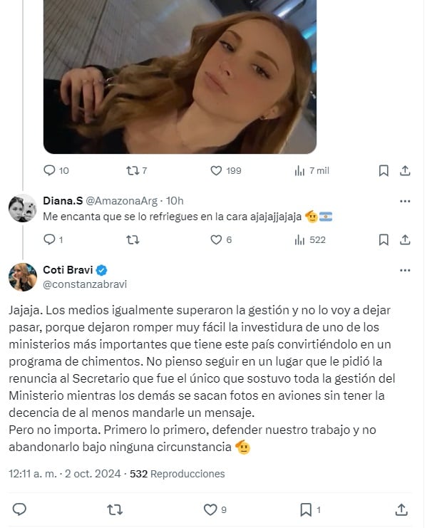 Coti Bravi habla en X del escándalo en Defensa