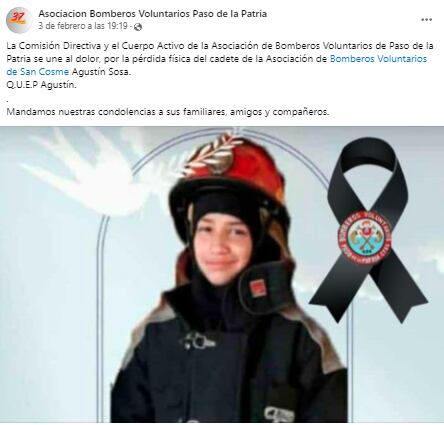 La Asociación Bomberos Voluntarios Paso de la Patria despidieron al joven en las redes sociales. Foto: Facebook.