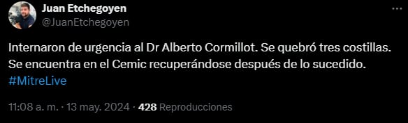 Juan Etchegoyen informó que el médico se fracturó 3 costillas.