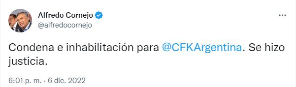 El senador nacional Alfredo Cornejo consideró que se hizo justicia con la condena a Cristina Fernández.