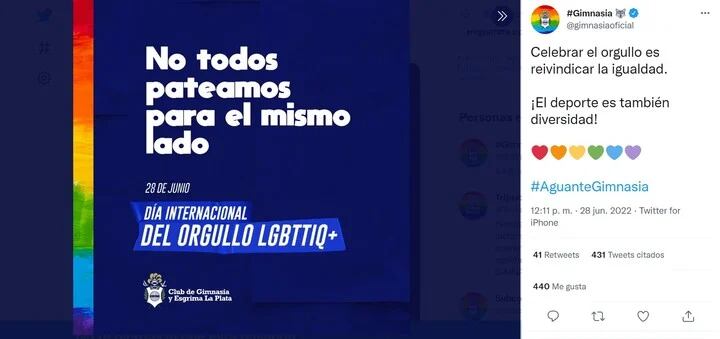 La desafortunada publicación de Gimnasia en el día del Orgullo LGBTTIQ+