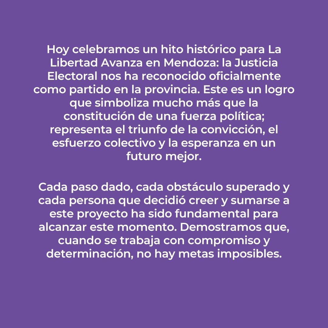 El partido festejó un reconocimiento por parte de la Justicia Federal pero faltan aun las elecciones internas. Foto: X @LLA_mendoza5