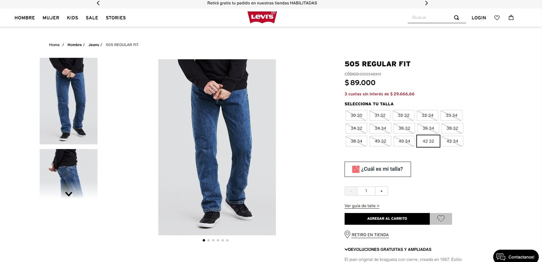 Jean Levi's para hombre en Argentina. Captura de pantalla.